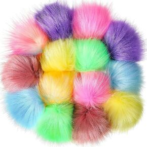 Bememo 14 Pieces Faux Fur Pom Pom Balls for Hats DIY Faux Fur Pompom with Elastic Loop for Hats Shoes Scarves Gloves Scarves Bag Key Chain Charms Accessories (White)