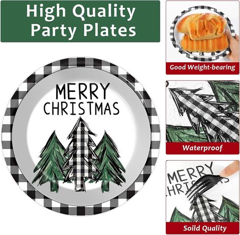 100PCS Christmas Paper Plates and Napkins Buffalo Plaid Xmas Party Decoration Disposable Merry Christmas Tree Themed Tableware Dinnerware Set for Holiday Xmas Winter Party Supplies Serve 25 in Kuwait