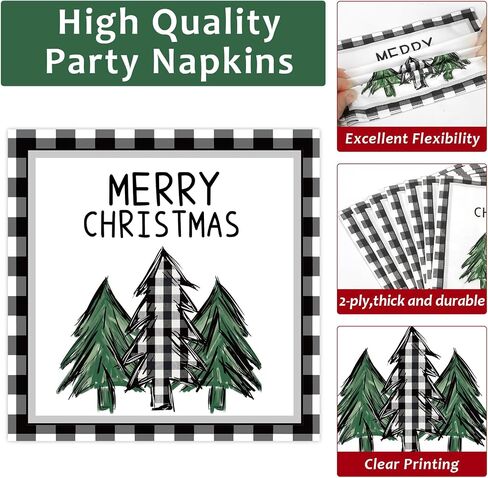 100PCS Christmas Paper Plates and Napkins Buffalo Plaid Xmas Party Decoration Disposable Merry Christmas Tree Themed Tableware Dinnerware Set for Holiday Xmas Winter Party Supplies Serve 25 in Kuwait