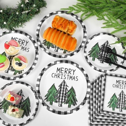 100PCS Christmas Paper Plates and Napkins Buffalo Plaid Xmas Party Decoration Disposable Merry Christmas Tree Themed Tableware Dinnerware Set for Holiday Xmas Winter Party Supplies Serve 25 in Kuwait