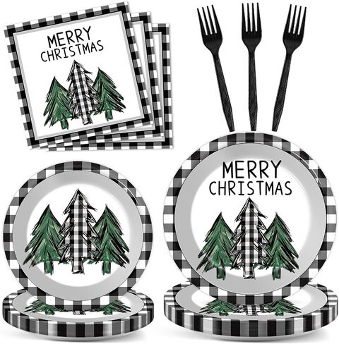 100PCS Christmas Paper Plates and Napkins Buffalo Plaid Xmas Party Decoration Disposable Merry Christmas Tree Themed Tableware Dinnerware Set for Holiday Xmas Winter Party Supplies Serve 25 in Kuwait
