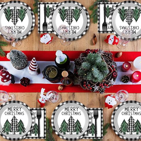 100PCS Christmas Paper Plates and Napkins Buffalo Plaid Xmas Party Decoration Disposable Merry Christmas Tree Themed Tableware Dinnerware Set for Holiday Xmas Winter Party Supplies Serve 25 in Kuwait