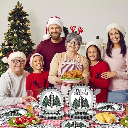 100PCS Christmas Paper Plates and Napkins Buffalo Plaid Xmas Party Decoration Disposable Merry Christmas Tree Themed Tableware Dinnerware Set for Holiday Xmas Winter Party Supplies Serve 25 in Kuwait