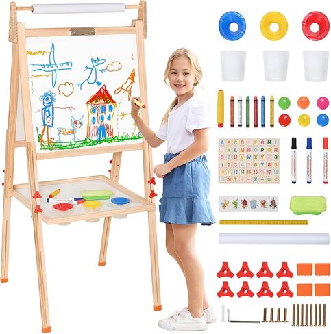 Easel for Kids, Children Art Easel Paper Roll,3-in-1 Dry Erase Board & Chalkboard,a refillable Paper roll,Storage Tray and Stickers, Adjustable Height Learning-Toy for 3,4,5,6 Years Old(Free Standing) in Saudi Arabia