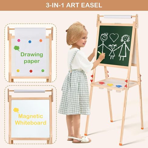 Easel for Kids, Children Art Easel Paper Roll,3-in-1 Dry Erase Board & Chalkboard,a refillable Paper roll,Storage Tray and Stickers, Adjustable Height Learning-Toy for 3,4,5,6 Years Old(Free Standing) in Saudi Arabia