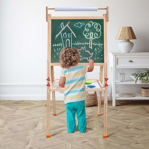 Easel for Kids, Children Art Easel Paper Roll,3-in-1 Dry Erase Board & Chalkboard,a refillable Paper roll,Storage Tray and Stickers, Adjustable Height Learning-Toy for 3,4,5,6 Years Old(Free Standing) in Saudi Arabia