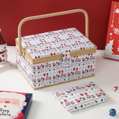 Sewing Basket - Christmas Sewing Box with Large Capacity for Sewing Supplies, Sewing Organizer Box Sewing Kit Storage Christmas Gift for Sewing Craft Lovers (Christmas Penguin, Large) in Saudi Arabia