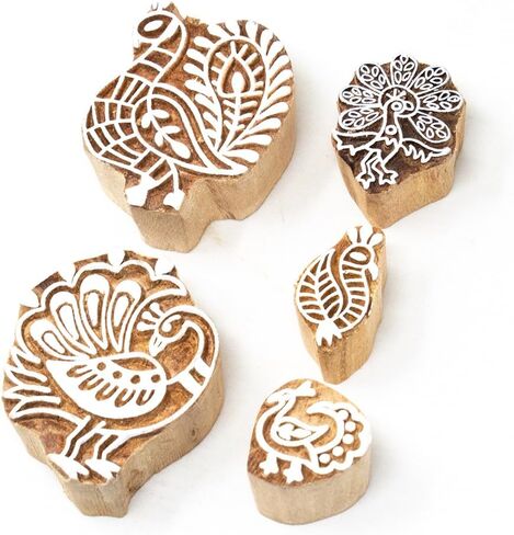 Paisley & Tree Shapes Wooden Printing Stamps - Wooden Stamps for Block Printing on Saree Border, Textile, Clay, Pottery, Tattoo Set of 5 Hashcart® in Saudi Arabia