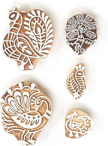 Paisley & Tree Shapes Wooden Printing Stamps - Wooden Stamps for Block Printing on Saree Border, Textile, Clay, Pottery, Tattoo Set of 5 Hashcart® in Saudi Arabia
