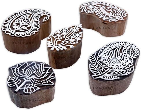 HASHCART® Elegant Designs Flower and Lotus Wooden Block Stamps Set of 5, Handmade Wood Printing Stamps for Kids' Art Projects, Textiles, Fabric, Clay, Henna, Tatotoo, Wood Stamps for Craft in Saudi Arabia