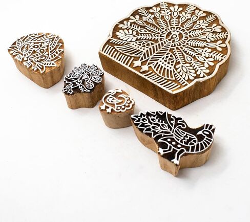 HASHCART® Elegant Designs Flower and Lotus Wooden Block Stamps Set of 5, Handmade Wood Printing Stamps for Kids' Art Projects, Textiles, Fabric, Clay, Henna, Tatotoo, Wood Stamps for Craft in Saudi Arabia