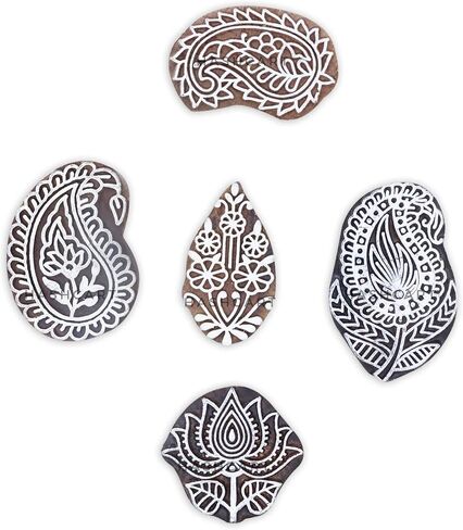 HASHCART® Elegant Designs Flower and Lotus Wooden Block Stamps Set of 5, Handmade Wood Printing Stamps for Kids' Art Projects, Textiles, Fabric, Clay, Henna, Tatotoo, Wood Stamps for Craft in Saudi Arabia