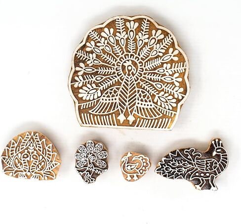 HASHCART® Elegant Designs Flower and Lotus Wooden Block Stamps Set of 5, Handmade Wood Printing Stamps for Kids' Art Projects, Textiles, Fabric, Clay, Henna, Tatotoo, Wood Stamps for Craft in Saudi Arabia