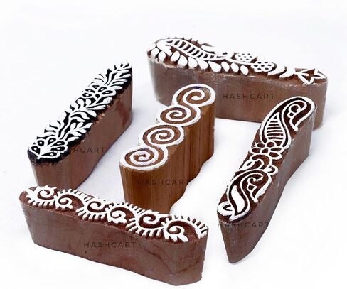 HASHCART® Elegant Designs Flower and Lotus Wooden Block Stamps Set of 5, Handmade Wood Printing Stamps for Kids' Art Projects, Textiles, Fabric, Clay, Henna, Tatotoo, Wood Stamps for Craft in Kuwait