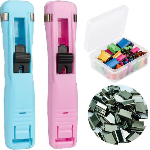 2Pcs Clam Clips for Paper, Paper Clam Clip, Portable Clam Clip Dispenser with 100 Reusable Stainless Steel Metal Refill Clips, Fast Paper Clipper for Office Document School Supplies, Pink & Blue in Saudi Arabia