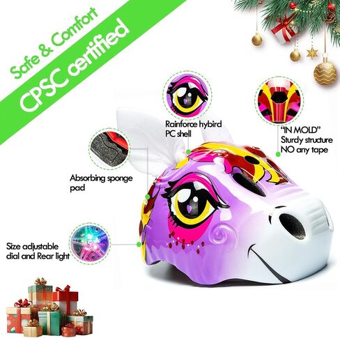 Unicorn Helmet for Toddler and Kid 3D Unicorn CPSC Safety Certified Approximately 2-6 Years Easily Adjuastable,Skateboard Skating Scooter Helmet with Rear Light Toddler Gift Christmas in Kuwait