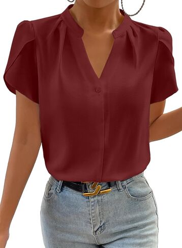 Astylish Women's Casual Notched V Neck Cap Sleeve Dressy Chiffon Blouse Tops in Saudi Arabia