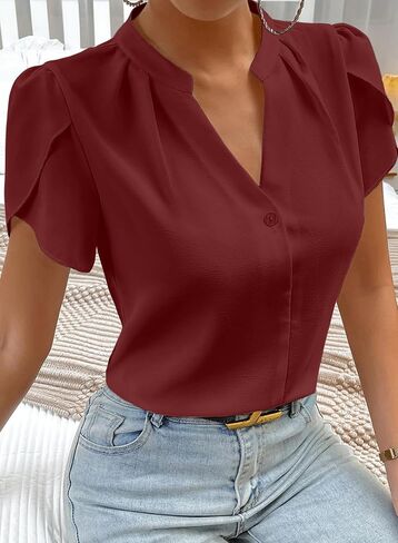 Astylish Women's Casual Notched V Neck Cap Sleeve Dressy Chiffon Blouse Tops in Saudi Arabia