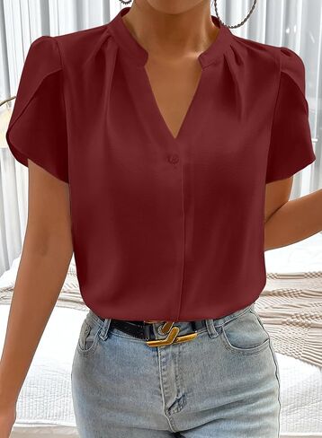 Astylish Women's Casual Notched V Neck Cap Sleeve Dressy Chiffon Blouse Tops in Saudi Arabia