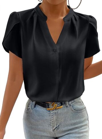Astylish Women's Casual Notched V Neck Cap Sleeve Dressy Chiffon Blouse Tops in Saudi Arabia