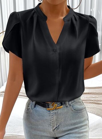 Astylish Women's Casual Notched V Neck Cap Sleeve Dressy Chiffon Blouse Tops in Saudi Arabia