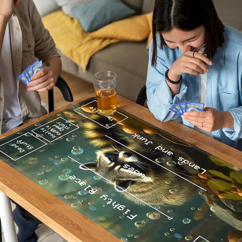 Playmat for MTG, Card Game Mat Non-Slip Rubber Base and Stitched, 24 x 14 inch TCG Play Mat for MTG and Other Card Games (B - Zones), Magic Forest Raccoon in Saudi Arabia