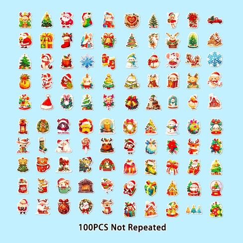 100PCS Christmas Stickers, Stocking Stuffers for Kids Toddler, Christmas Vinyl Waterproof Xmas Holiday Stickers, Christmas Stickers for Kids Classroom, Christmas Crafts Party Favors Supplies in Saudi Arabia