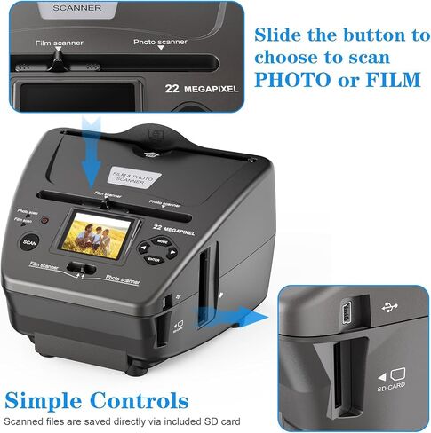 Digital Film & Photo Scanner, Slide & Negative Scanner Convert Negatives & Slides 35mm/135 Film, Business Card, Photo to 22MP Digital Photos, 4GB SD Card Included in Saudi Arabia