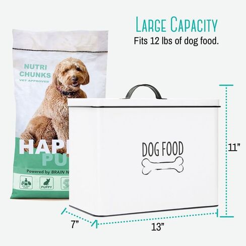 OUTSHINE White Farmhouse Dog Food Storage Container | Large Metal Dog Food Canister with Fitted Lid | Cute Container for Dog Food | Decorative Dog Food Bin | Ideal Gift for Dogs and Pet Owners in Saudi Arabia