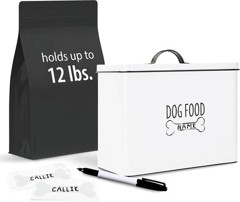 OUTSHINE White Farmhouse Dog Food Storage Container | Large Metal Dog Food Canister with Fitted Lid | Cute Container for Dog Food | Decorative Dog Food Bin | Ideal Gift for Dogs and Pet Owners in Saudi Arabia
