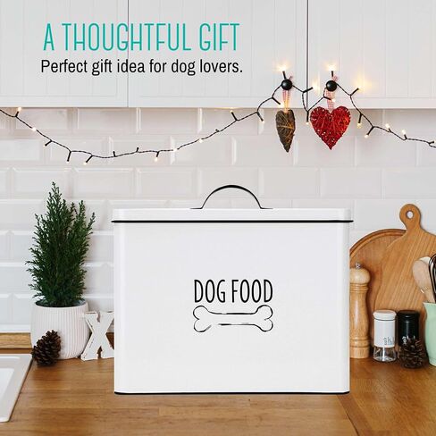 OUTSHINE White Farmhouse Dog Food Storage Container | Large Metal Dog Food Canister with Fitted Lid | Cute Container for Dog Food | Decorative Dog Food Bin | Ideal Gift for Dogs and Pet Owners in Saudi Arabia