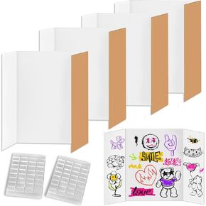 4 Pack Trifold Poster Boards, 24 x 16 Inch White Poster Board with 160 Sticky Accessories, Foldable Corrugated Cardboard Display Boards for School Projects, Business Presentations