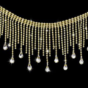Coucoland Crystal Rhinestone Trim Ribbon - 1 Yard Tassel Chain Sewing Craft for Wedding Bridal Party Belly Dance Chain (Drop-Silver)