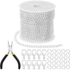 Tanstic 102 قطعة 30 قدم صناعة المجوهرات سلاسل قلادة سلاسل ربط كابل السائبة مع 50 قطعة حلقات القفز، 50 قطعة مشابك جراد البحر، كماشة لصنع قلادة السوار (أبيض)