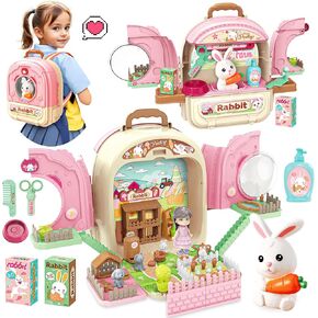 Pet Carrier Backpack Toy, 3 in 1 Pet Care Playset, Pretend Play Pet Care Accessories & Hair Dryer Toy, Rabbit Role Play Set for Girls Ages 3+