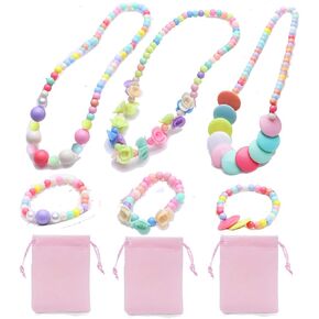 3Set Princess Pretend Play Necklace Bracelet Set Kit or Bracelets Packs Kids Play Jewelry Little Girls Costume Necklaces Toddler Dress up Jewelry Xmas Gift