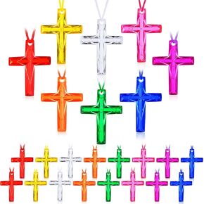 128Pcs Plastic Cross Necklace, 8 Colors Crystal Cross Necklace, Bulk Christian Religious Party Favors,Birthday Gifts for Easter Vacation Sunday School Church(Macaron Color)