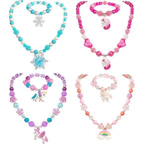 4 Sets Baby Girl Unicorn Necklace Bracelet Set Dress up Princess Pretend Play Necklace Bracelet Jewelry Gift for Toddlers Kids Jewelly Set in Gift Box