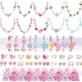 Little Girls Jewelry Sets Kids Play Jewelry for Girls Toys Play Necklaces Bracelets Rings for Girls 3-5 4-6 Costume Dress Up Jewelry Girls Birthday Party Favors Gifts Only Suitable for Ages 3 and Up