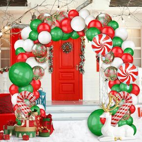 140pcs Christmas Party Balloon Set, Merry Christmas Balloons with Christmas Xmas Table Skirts and Christmas Foil Fringe Tinsel Curtains for Winter Holiday Party Decorations