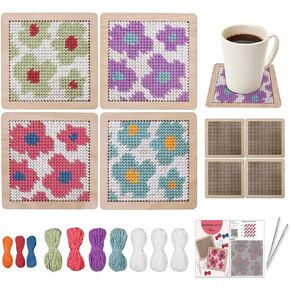 Yushen 4Pcs Flower Coaster Needlepoint Kit for Adult Cross Stitch Kits DIY Adults Needlepoint Embroidery Starter Set with Patterns Embroidery Needles Threads Crafts (Flower)