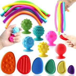 18 Pack Sensory Fidget Toys for Adults:Textured Worry Stone Textured Suction Cup Toys Sensory Stretchy Toys Fidget Stress Toys for Anxiety Relief