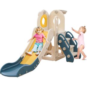 Freestanding Toddler Slide, 5 in 1 Kids Indoor Slide for Toddlers 1-3，L Shaped Slide with Basketball Hoop，Baby Slide for Indoor Outdoor for Boys and Girls Birthday, Sturdy Playground Toy