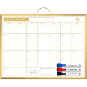 ARCOBIS Monthly Calendar Whiteboard - 12" x 16" Double-Sided Magnetic Dry Erase Board with Gold Frame - Portable Wall Hanging Planner for Home, Office, School