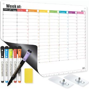 Magnetic Chore Chart for Adults & Kids Dry Erase Calendar for Refrigerator or for Wall - Weekly Whiteboard Planner Timetable to-Do List with Adhesive Hooks for Hanging 5+1 Marker Combo 1 Eraser
