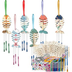 12 Pcak Wooden Fish Wind Chime Kit for Kids - Wood Wind Chime Spring Craft Make Your Own Fish Wooden Arts and Crafts for DIY Coloring Party Supplies Decorative Ornaments