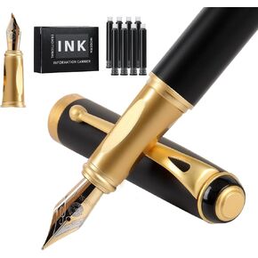 Fountain Pen-Smooth Writing Metal Water Pen with Gift Case Fine Nib Consistent Ink Flow Luxury Pen for Nice Pens Includes a Calligraphy Nib 8 Ink Cartridges and a Converter (Gold)