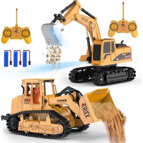 Construction Toys Truck Sets for 6 7 8 Year Old Boys - Toddler Car Trucks Toys, 2 in 1 Kids Remote Control Excavator Bulldozer Vehicle, for Ages 6-12 Boys Girls Christmas Birthday Gifts