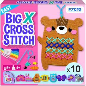EZCRA Easy Arts and Crafts for Kids - Beginner Cross Stitch Kits for Kids - Extra Large Cross Stitch with Jumble Needle - 10 No Mess Animal Projects - Everything Included - Age 4,5,6,7,8