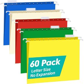 HERKKA Extra Capacity Hanging File Folders, 60 Pack Reinforced Letter Size Hanging Folders with Heavy Duty 1 Inch Expansion, Designed for Bulky Files, Medical Charts, Adjustable Tabs, Assorted Colors